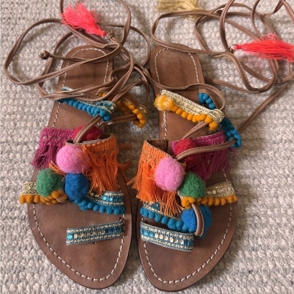Greek Bohemian Embroidered Leather Sandals with Pom Poms & Tassels - 38 (US 7) - Picture 2 of 4